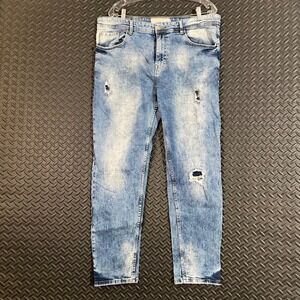 Akademiks Jeanius Blue Acid Wash Straight Leg Distressed Denim Jeans Men's 38X30